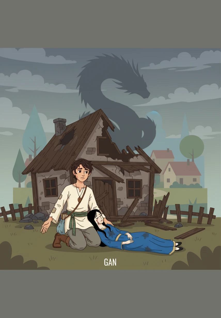 Returning home with a heavy heart, Gan found his humble wooden cottage in ruins and his mother lying injured amidst the wreckage. He knelt by her side in the dim light, his heart breaking as he realized that the Dragon Snake’s shadow had brought destruction to everyone he held dear.