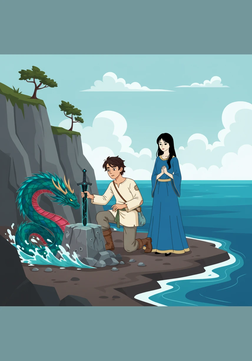 Guided by a mysterious pull, Gan traveled to a lonely island where the ocean waves hummed a mournful song against the sand. There, partially buried in the shore, he discovered a black sword with a strange eye-shaped hole in its hilt, a weapon that seemed to pulse with a power meant only for him.