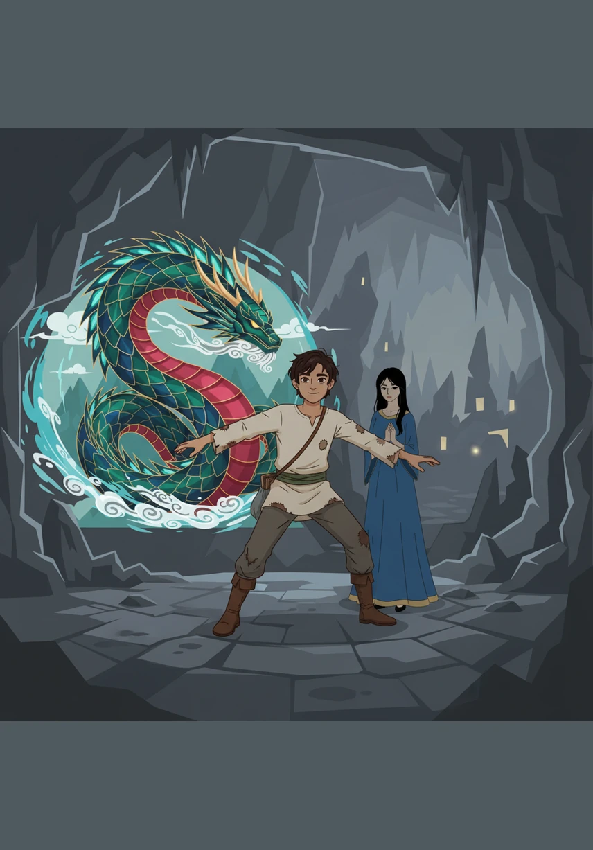Deep within a jagged cave fortress, the Dragon Snake kept Haku prisoner, her royal dress tattered as she was bound to a cold stone pillar. The beast slept nearby, its massive coiled body glowing with a sinister light, unaware that a hero was coming to reclaim what was lost.