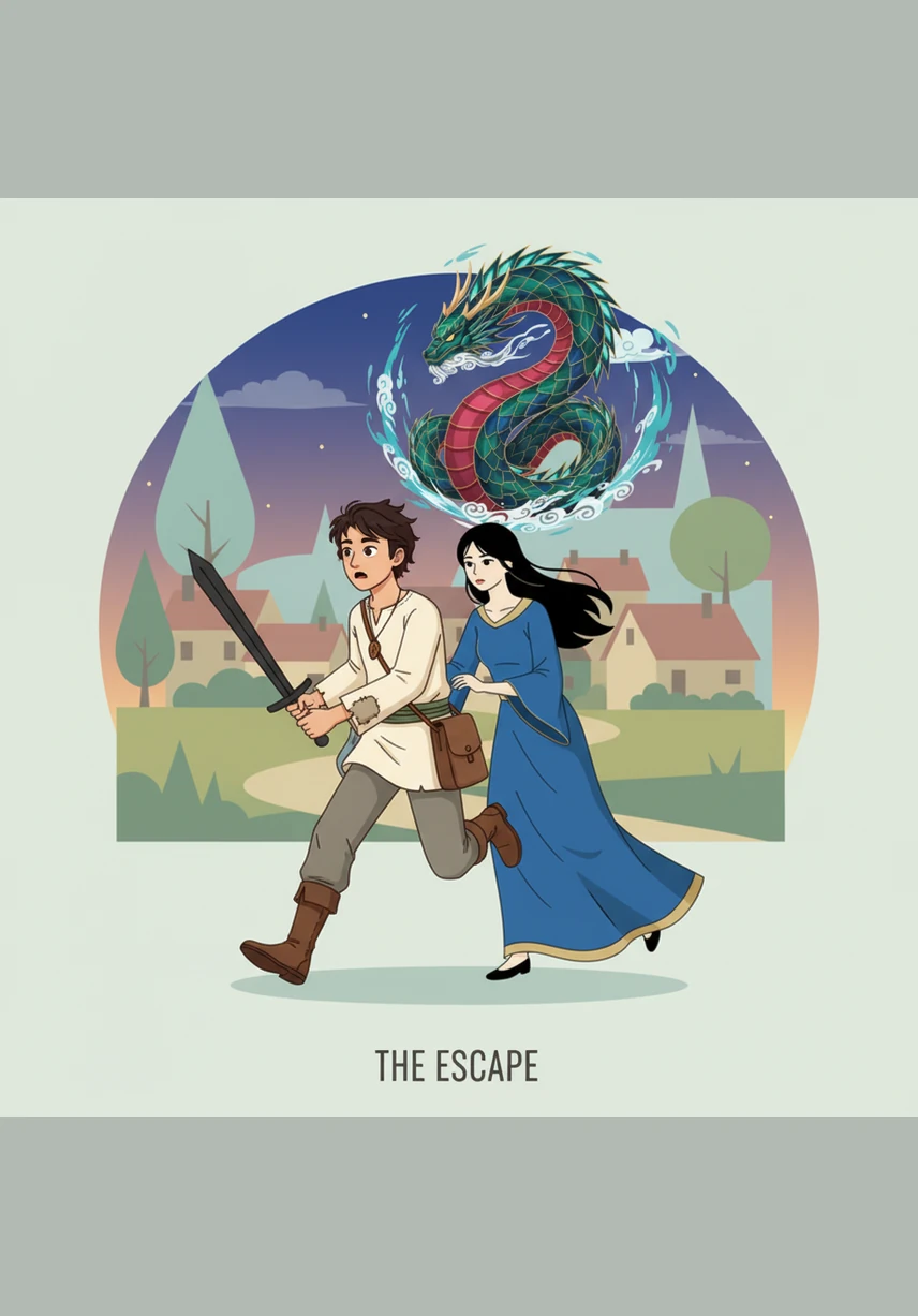 With the black sword in hand, Gan led Haku through the great stone gates of the kingdom, escaping the clutches of the dark fortress just as dawn began to break. They stood together, exhausted but relieved, while the distant castle walls stood as a reminder of the battles yet to come.