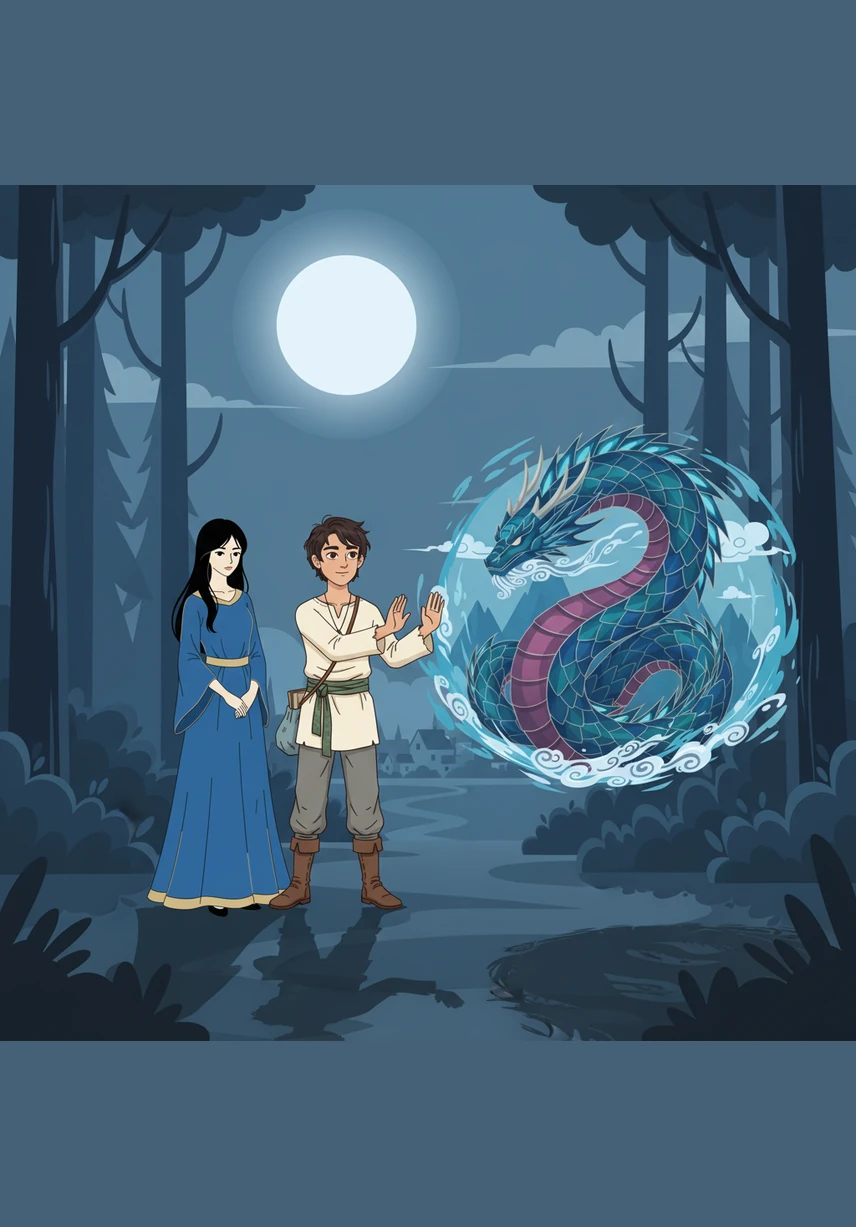 Under the silver light of a full moon, the spirits of Gan’s parents appeared to him as shimmering ghosts of light and stardust. His mother smiled with warmth while his father, dressed in the robes of a celestial prince, bestowed a final blessing upon the sword Gan held.