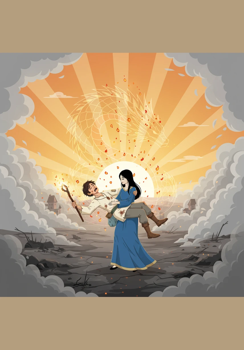 On a battlefield of ash and smoke, Gan struck the final blow, watching as the Dragon Snake dissolved into embers against the rising sun. Wounded and weary, he fell into Haku’s arms, his sacrifice ensuring that peace would finally return to the land they both loved.