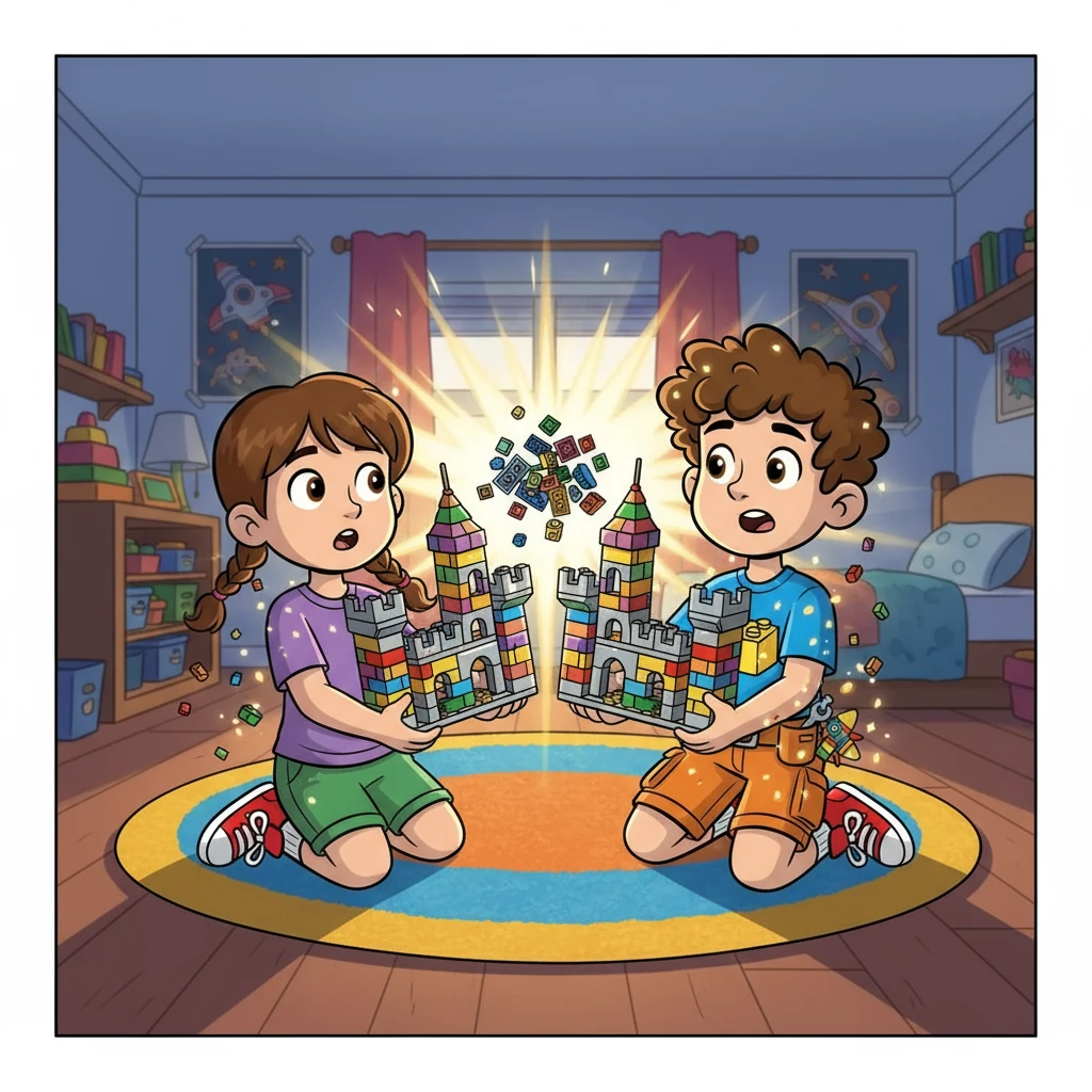 Jake and his best friend, Sarah, were playing in Jake's room. They were building a magnificent castle out of their Lego blocks. Suddenly, a bright light flashed, and they both started to shimmer. They were turning into Lego figures themselves!