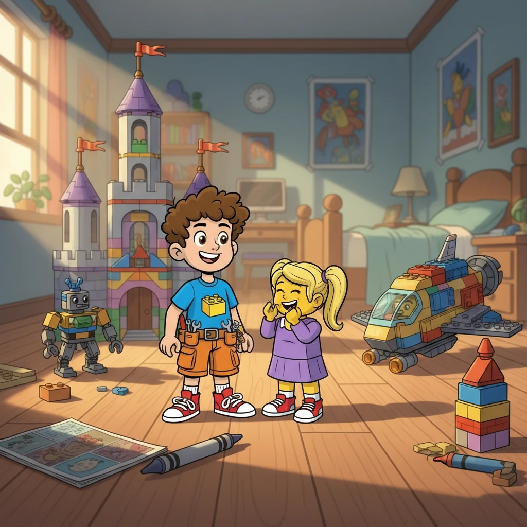 Jake and Sarah looked at each other in amazement. They were now tiny Lego people! They were standing in the middle of Jake's room, surrounded by their Lego creations. Sarah giggled, and Jake grinned, ready for an adventure.