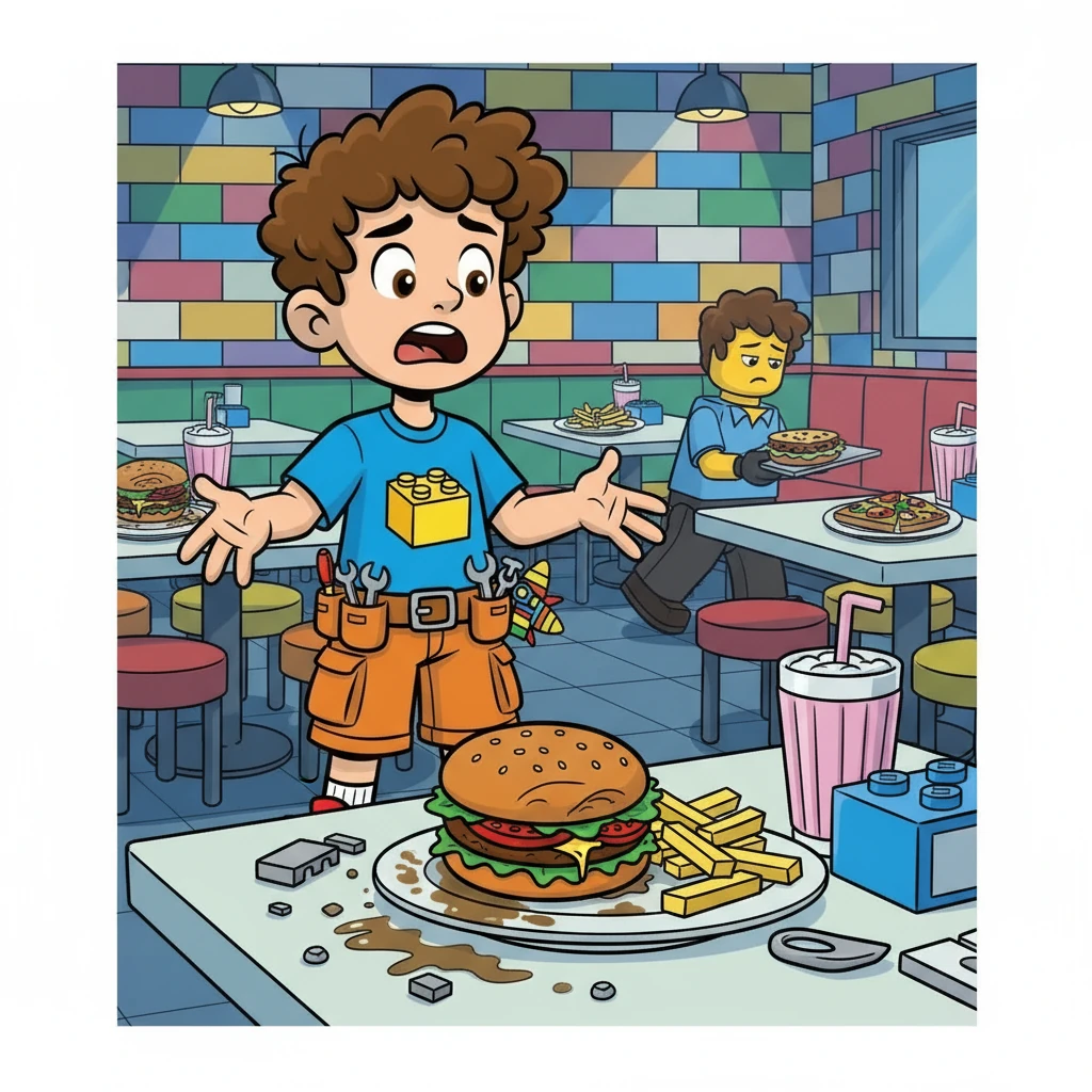 Their tummies rumbled, so they decided to visit the Lego Diner. Upon entering, they were shocked! The food was served cold, the service was slow, and the Lego burgers looked like they had been dropped on the floor. "This is terrible!" exclaimed Sarah.