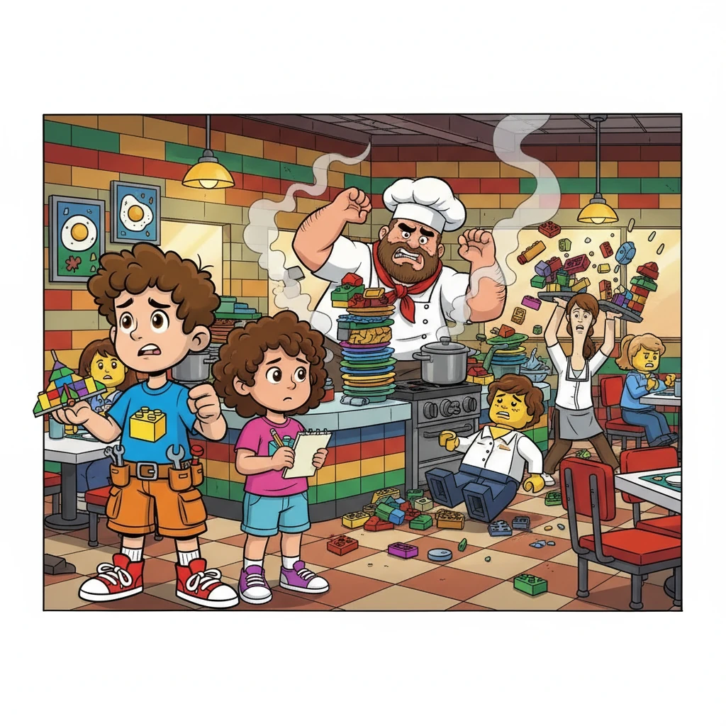 Determined to fix the bad service, Jake and Sarah explored the Lego Diner. They saw the grumpy Lego chef struggling with the orders and the tired Lego waiters stumbling around. They knew they had to help improve things.