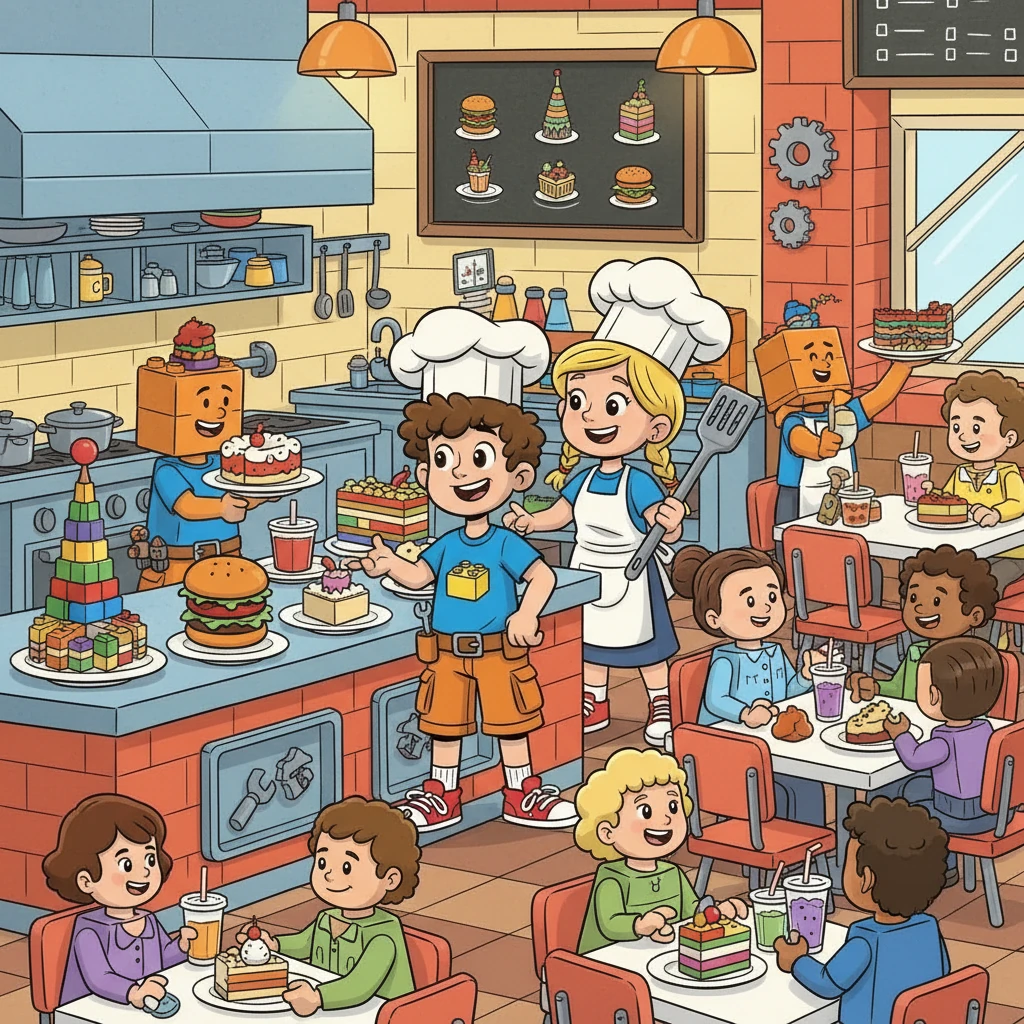 Using their combined Lego skills, Jake and Sarah organized the kitchen, trained the waiters, and even created a new, delicious Lego menu. The diner became a fun and efficient place, filled with happy Lego customers.