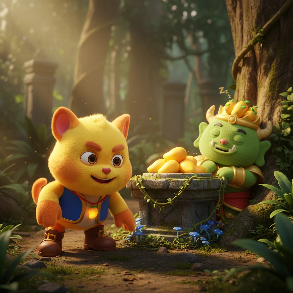 จ๊อกกี้ ลิงจอมซนแอบย่องเข้ามาในป่าลึกอย่างเงียบเชียบ ดวงตาของเขาเป็นประกายเมื่อเหลือบไปเห็นมะม่วงทองคำสุกปลั่ง วางอยู่บนแท่นบูชาของยักษ์เฝ้าป่าที่กำลังหลับใหลอย่างไม่รู้ตัว มันคือของล้ำค่าที่เขาใฝ่ฝันอยากได้มาครอบครอง