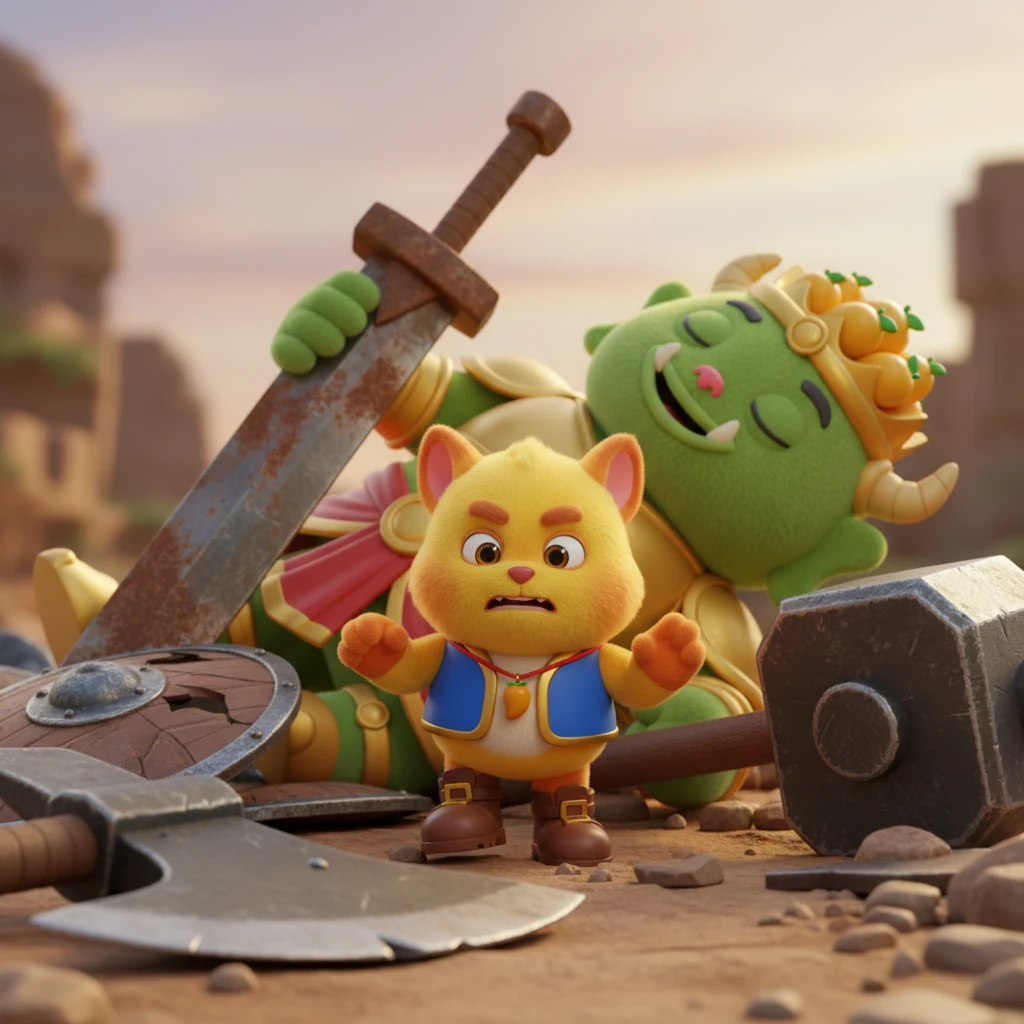 ด้วยความโลภและความอยากลองดี จ๊อกกี้เริ่มปฏิบัติการ เขาค่อยๆ ย่องผ่านกองอาวุธขนาดยักษ์ที่วางระเกะระกะอยู่รอบตัวยักษ์อย่างระมัดระวัง ทุกย่างก้าวเต็มไปด้วยความตื่นเต้นและอันตราย