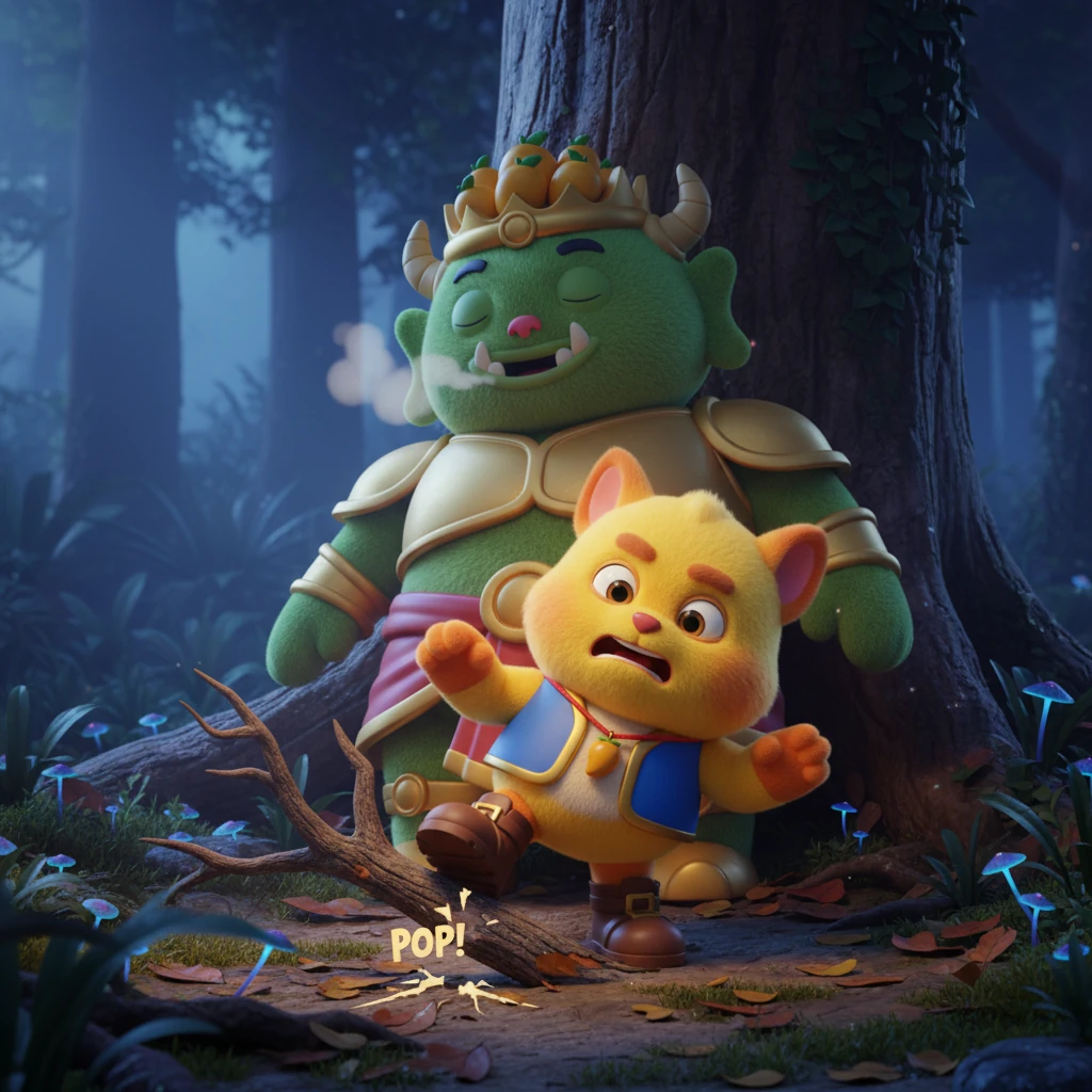 ขณะที่กำลังย่องไปอย่างใจเย็น จ๊อกกี้เผลอเหยียบกิ่งไม้แห้งเข้าอย่างจัง เสียง "เป๊าะ!" ดังลั่นทำให้เขาตัวแข็งทื่อราวกับถูกสาป หวังเพียงว่าเสียงนั้นจะไม่ปลุกยักษ์ให้ตื่นขึ้นมา