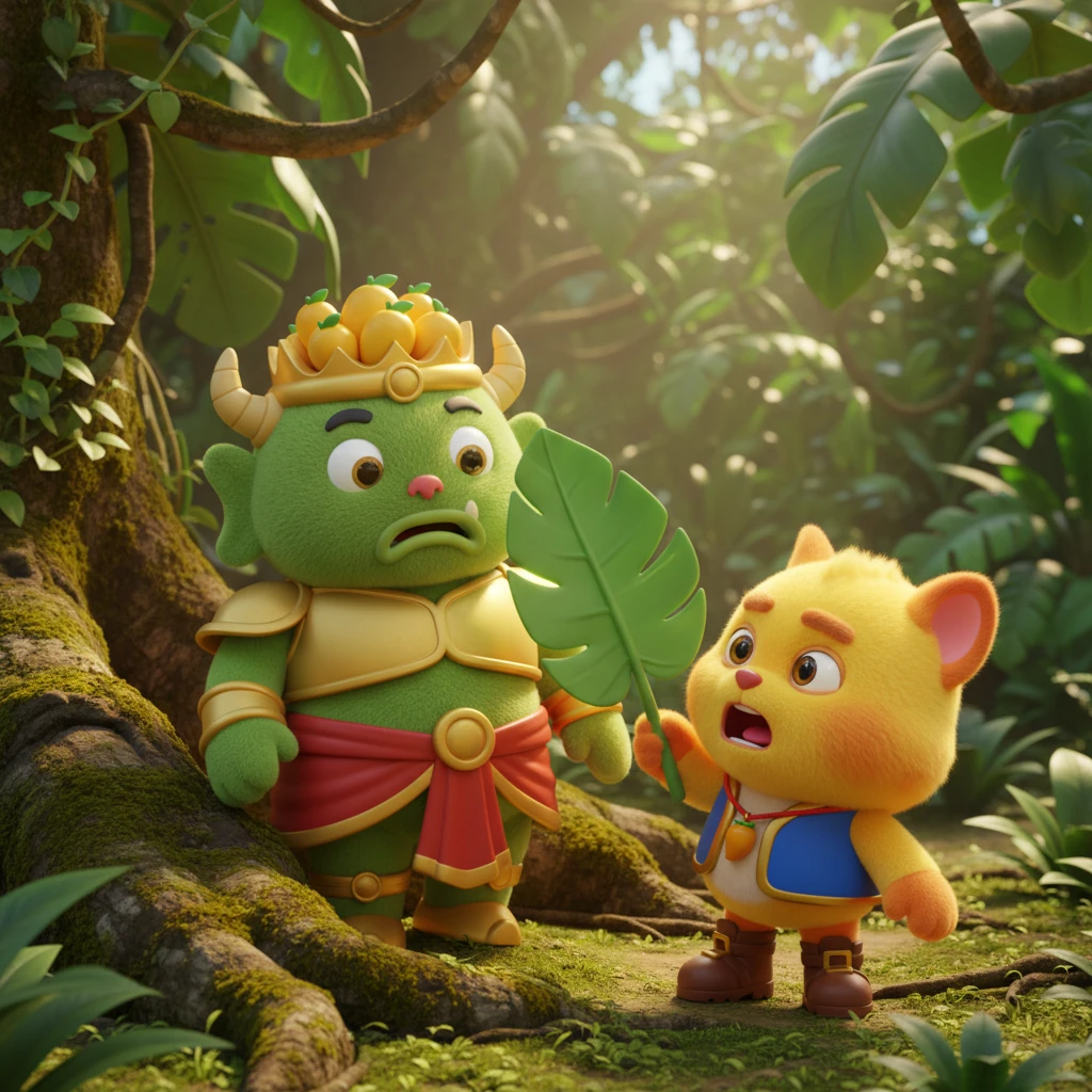 แล้วสิ่งที่ไม่คาดฝันก็เกิดขึ้น ยักษ์ลืมตาตื่นขึ้นมากลางคัน จ๊อกกี้ตกใจสุดขีด แต่ด้วยความกะล่อน เขาคว้าใบไม้ขนาดใหญ่มาพัดปรนนิบัติ ทำทีเป็นคนรับใช้ผู้ซื่อสัตย์