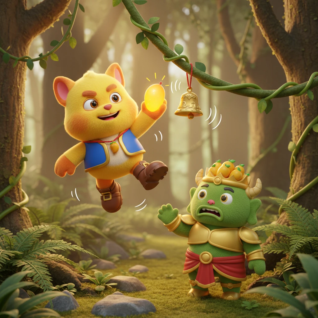 จ๊อกกี้คว้ามะม่วงทองคำไว้ในมือแล้วโหนเถาวัลย์หนีออกไปอย่างรวดเร็วด้วยความย่ามใจ แต่ในขณะที่กำลังจะพ้น ยักษ์ เขาดันพลาดไปเกี่ยวโดนกระดิ่งเตือนภัยเข้าจนเสียงดัง "กรุ๊งกริ๊ง!" ลั่นป่า