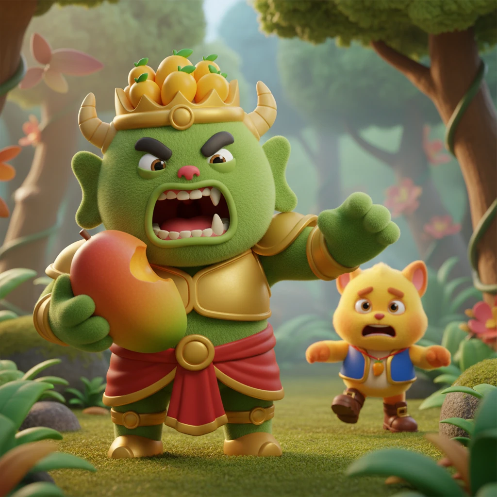 ยักษ์ตื่นขึ้นมาด้วยความโมโหสุดขีด คว้ามะม่วง (ปลอม) ขึ้นมากัดเต็มแรงจนฟันหัก "โอ๊ย!" เสียงคำรามด้วยความเจ็บปวดและแค้นใจดังก้องไปทั่วป่า ยักษ์ทำได้เพียงมองตามหลังจ๊อกกี้ที่หนีไป