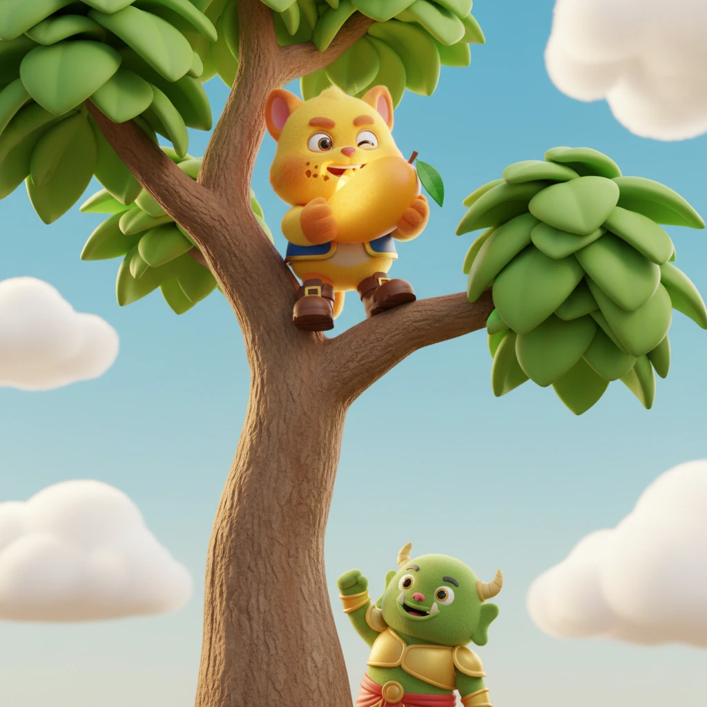 จ๊อกกี้ตัวแสบหนีขึ้นไปนั่งอยู่บนยอดไม้สูงอย่างปลอดภัย เขาใช้ฟันคมกัดมะม่วงทองคำอย่างเอร็ดอร่อย พร้อมทิ้งท้ายอย่างภาคภูมิใจในวิชา "ลิงหลอกเจ้า" ของตัวเองที่สำเร็จไปได้ด้วยดี