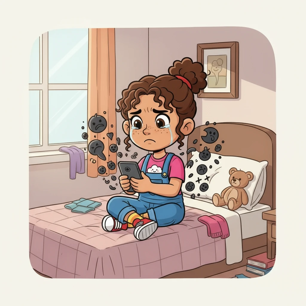 The next morning, Maya's heart sank. Her selfie was everywhere! Mean comments and mocking captions surrounded the image online. She felt a wave of embarrassment wash over her.