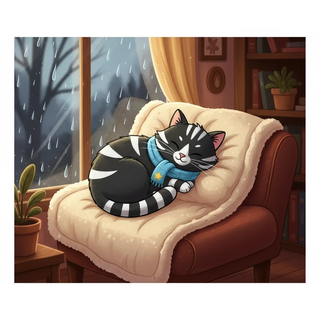 The rain poured down outside, drumming a gentle rhythm against the windowpane. Inside, a warm glow emanated from a small, cozy room. PP, a large black and white striped cat, lay curled up on a soft blanket.