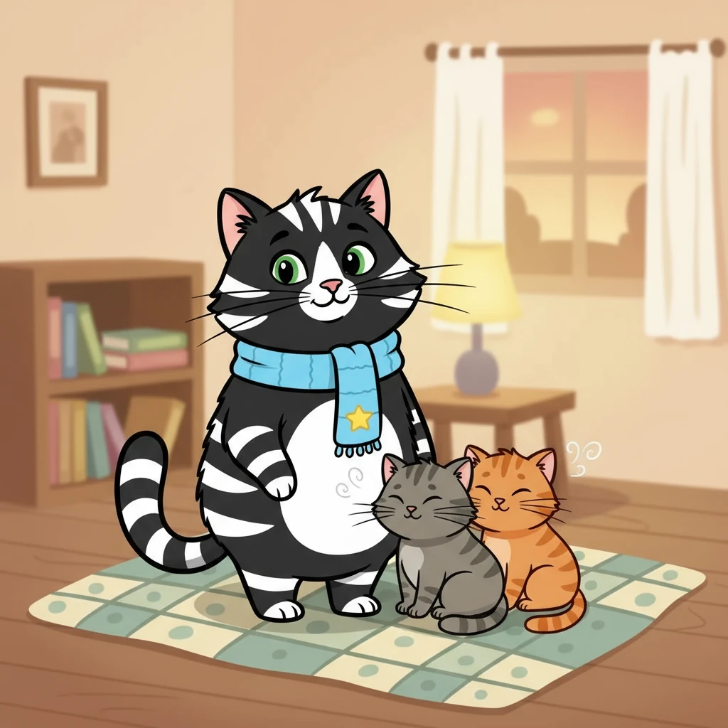 Beside PP, two smaller cats, one grey and one ginger, snuggled close. They purred contentedly, their eyes closed in blissful relaxation. The room was simple, but filled with a sense of peace.