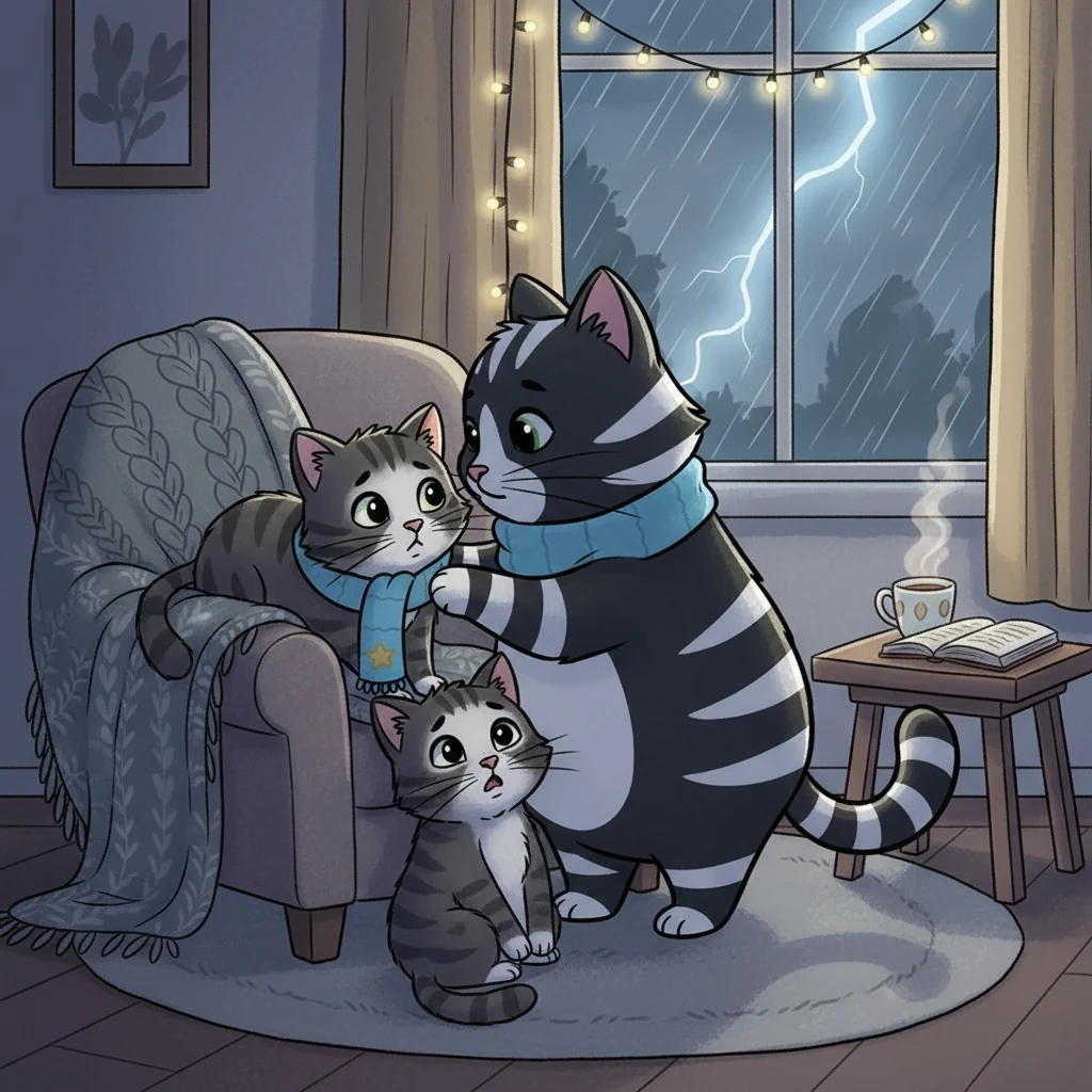 PP nudged the smaller cats with her head, encouraging them to relax. She knew how scary thunder could be. Soon, the little cats calmed down, their fear melting away.