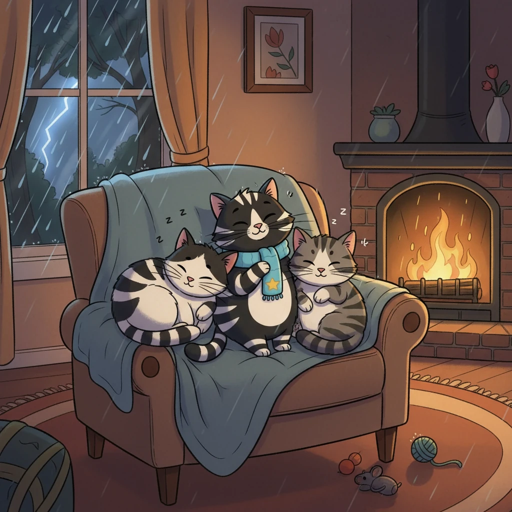 As the storm raged on outside, the three cats drifted off to sleep. Their dreams were filled with warmth, safety, and the comforting sound of the rain. The room was filled with the soft sounds of purring.