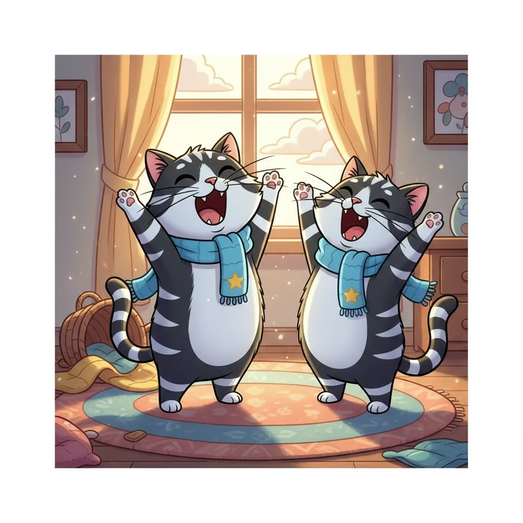 The next morning, the sun peeked through the clouds. The cats woke up, stretching and yawning. They looked at each other, their faces radiating happiness and contentment, ready to start a brand new day together.