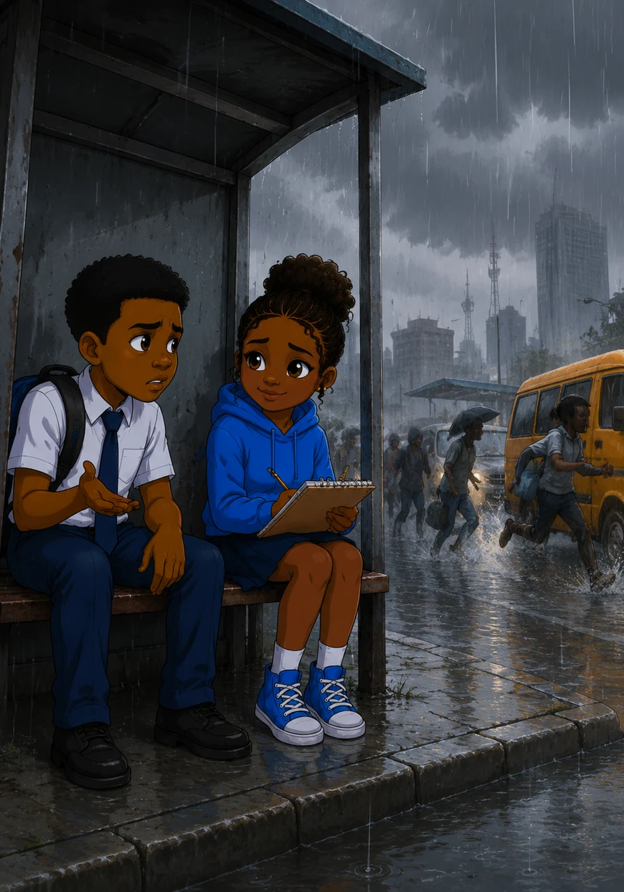 Under the heavy, gray downpour of Lagos, Daniel huddles beneath a cramped bus stop shelter while a girl in a blue hoodie sits calmly with a sketchbook. Amidst the splashing cars and rushing crowds, her soft, peaceful smile stands out against the chaotic storm. When Daniel asks why she is smiling, she simply tells him that the rain has a way of making people honest before she vanishes into the mist.