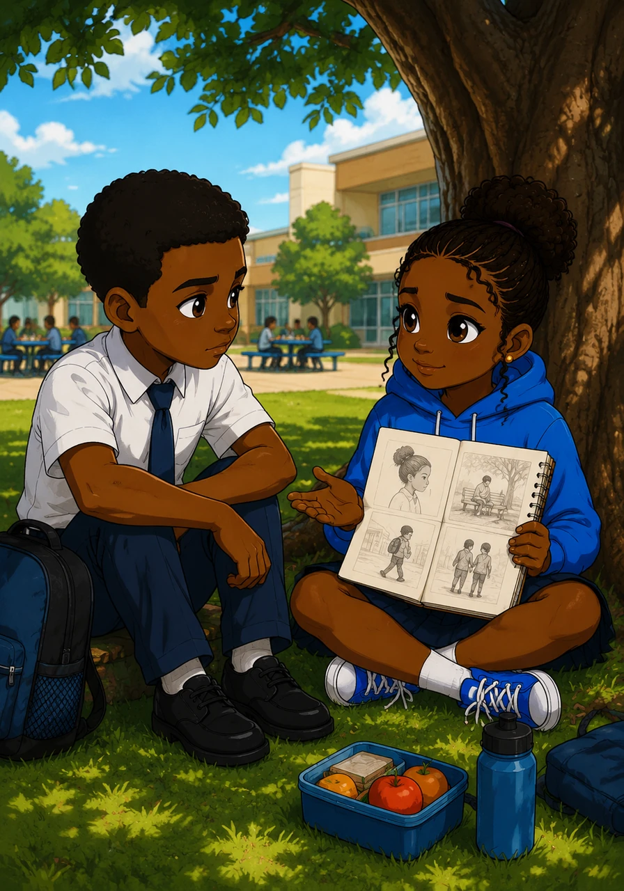 During a quiet lunch break at school, Daniel finds Amara sitting under a large tree, her sketchbook open to reveal beautiful, poignant drawings of everyday life. They share a profound moment of connection when Amara asks if he ever feels lonely despite being surrounded by people. Daniel realizes that for the first time in his life, someone truly understands the quiet isolation he carries in his heart as they bond over her art.