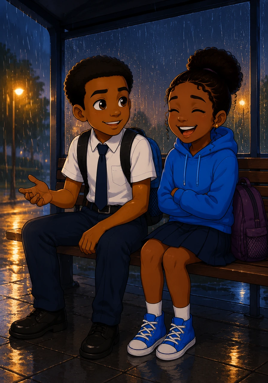 Returning to the bus stop on another rainy evening, Daniel sits beside a weary Amara and promises that she does not have to face her mother's illness or her father's absence alone. He reveals his own past struggles with loss, creating a bridge of trust that allows her to finally drop her guard. Under the rhythmic sound of the falling rain, Amara lets out a real, heartfelt laugh, marking the beginning of a true and honest friendship.