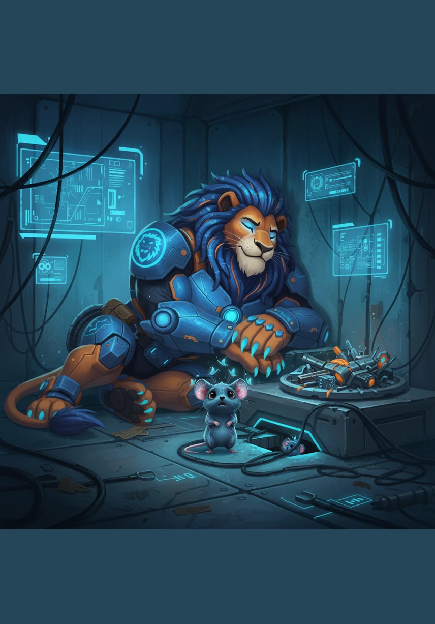 Deep in a small corner of the same den lived a tiny, quick-witted mouse named Pip. Every evening, Pip would wait for Leo to fall asleep so he could scurry out and enjoy the delicious leftovers from the lion's feast, careful not to make a sound.