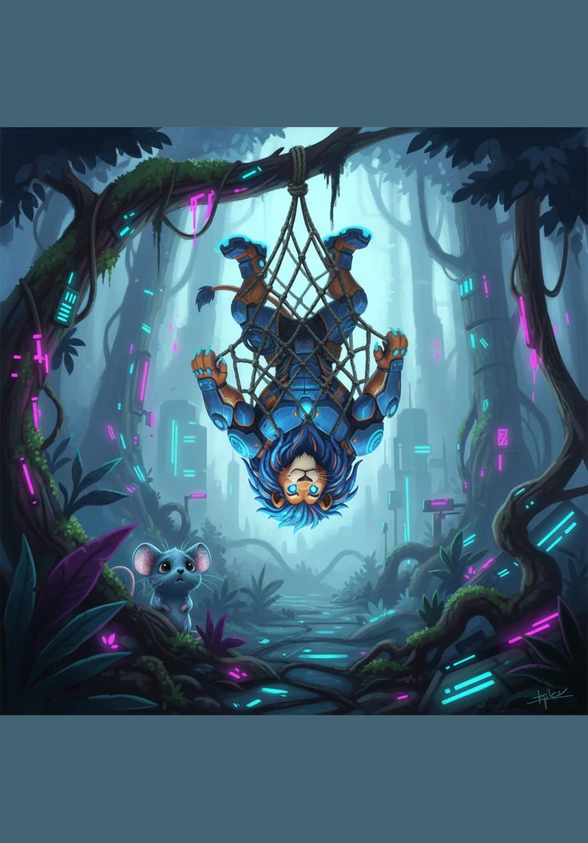 Days later, while Leo was out searching for food, he stepped into a hidden trap set by clever hunters. A heavy rope net swept him off his feet, tangling his powerful limbs and leaving him hanging helplessly from a sturdy branch in the canopy.