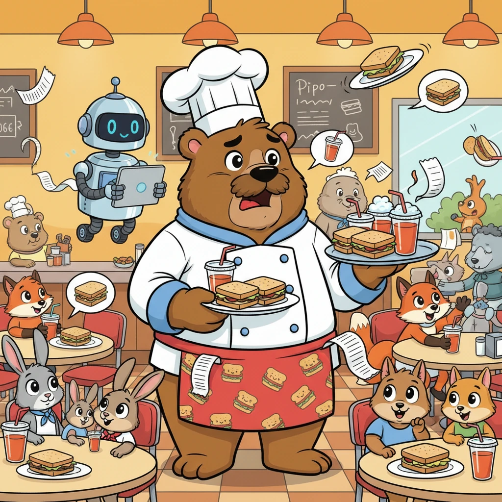 Na Lanchonete do Fred, as coisas eram sempre uma delícia, mas também uma grande confusão! O Urso Fred, com seu chapéu de chefe torto, tentava atender a todos os clientes, que esperavam por seus sucos e sanduíches. As mesas estavam cheias e os pedidos voavam de um lado para o outro.