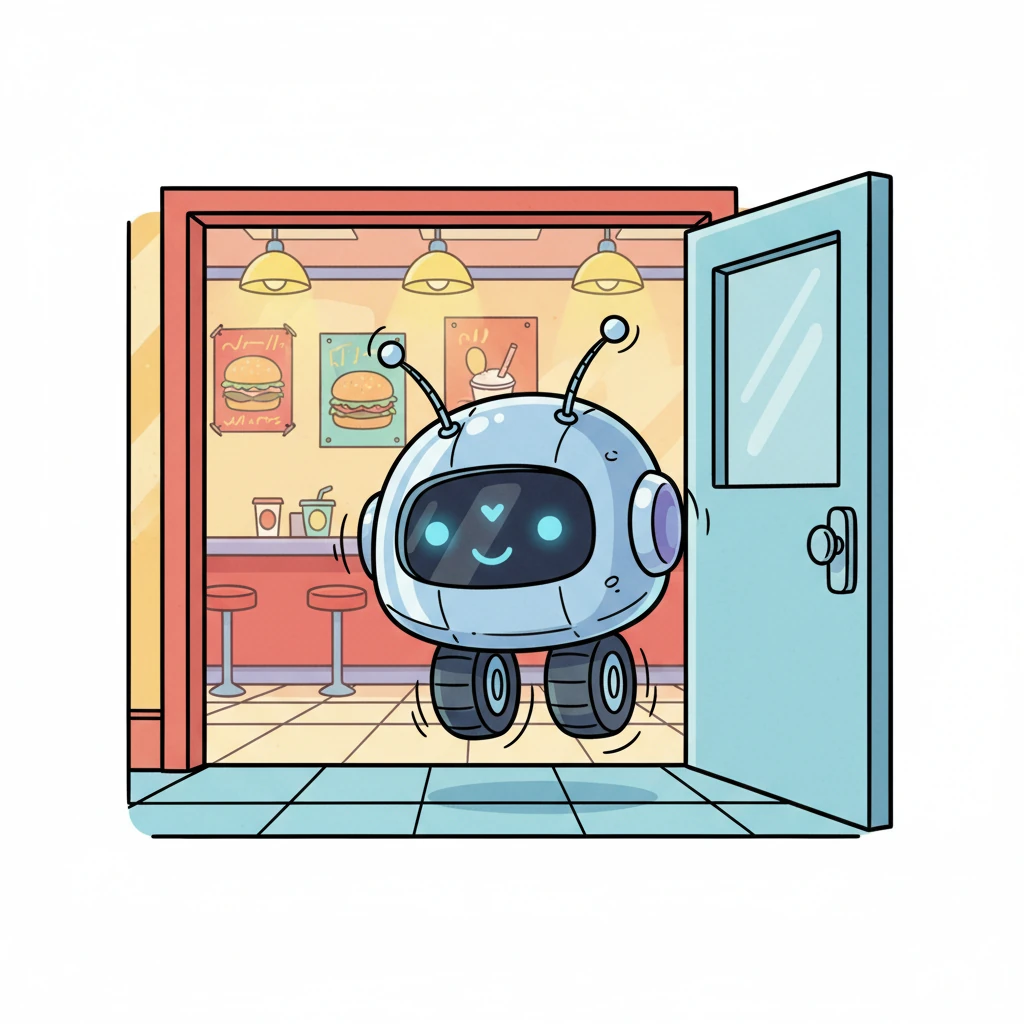 De repente, um pequeno robô brilhante, com rodas giratórias e anteninhas curiosas, flutuou pela porta. Era Pipo, o Robô, que adorava observar o mundo e encontrar maneiras inteligentes de ajudar. Seus olhos digitais brilhavam com interesse enquanto ele escaneava a lanchonete.