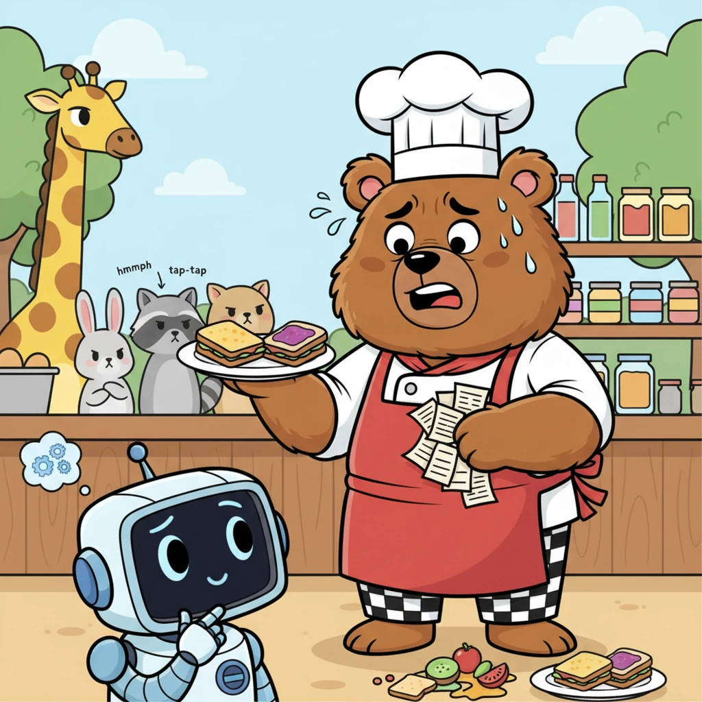 Pipo viu o Urso Fred suando, tentando lembrar qual cliente pediu o sanduíche de queijo e qual pediu o de geleia. Uma pilha de bilhetes amassados estava em sua pata. Os clientes começavam a fazer barulhinho de impaciência. Pipo pensou: "Hmm, aqui precisa de um toque de organização!"