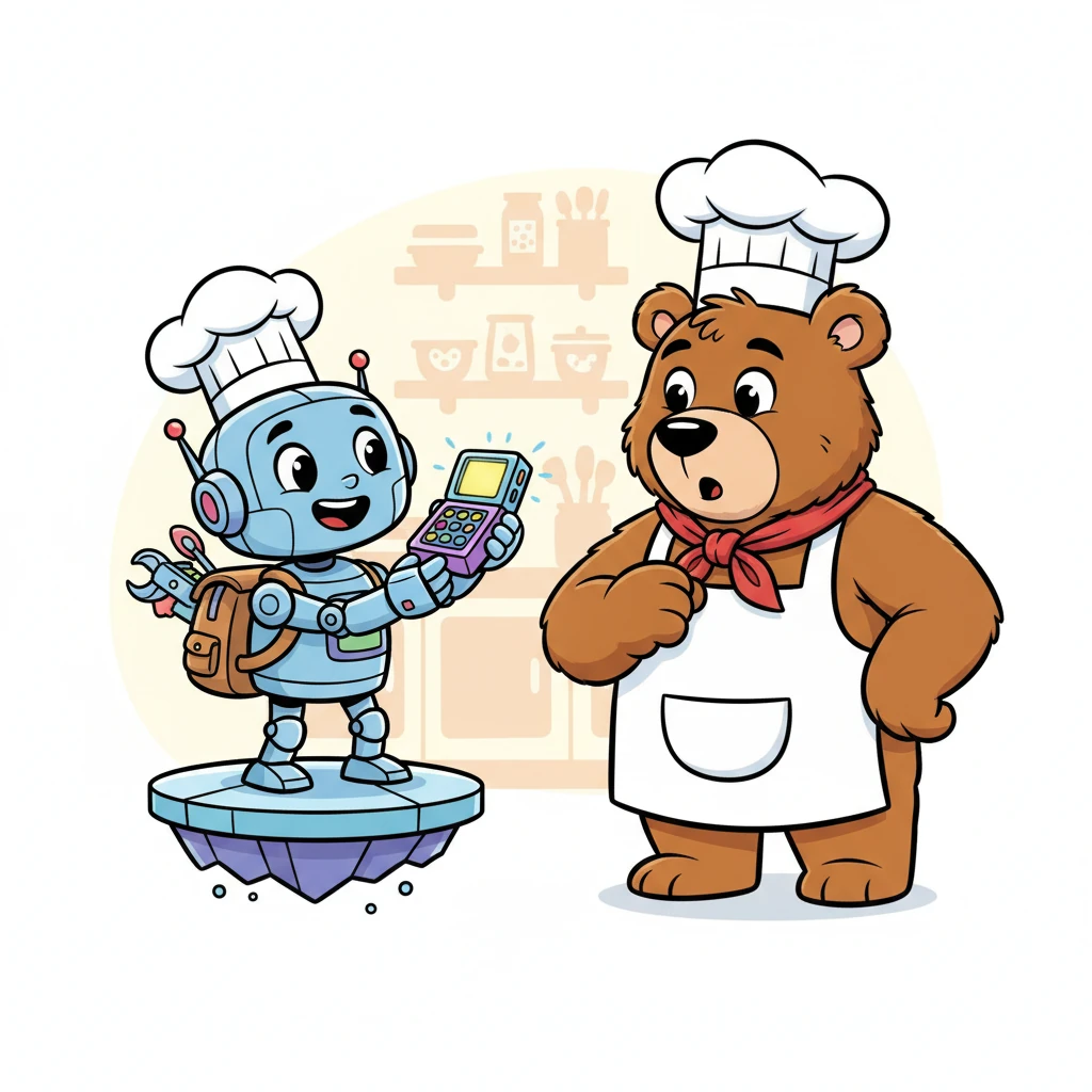 Com um "Bip-bop!" animado, Pipo tirou de sua mochila um aparelho colorido, cheio de botões brilhantes e uma pequena tela. "Olá, Urso Fred!", disse Pipo com sua voz metálica e amigável. "Eu tenho a solução para seus pedidos misturados: o Super Sistema de Pedidos do Pipo!"