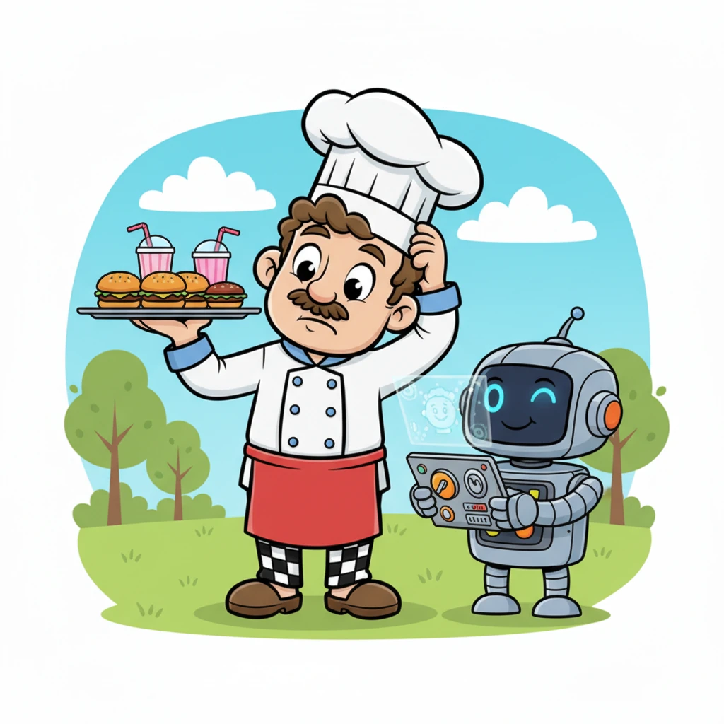 Fred coçou a cabeça, um pouco cético. "Um sistema? Mas eu mal consigo segurar a bandeja, Pipo!", ele resmungou, olhando para o aparelho complicado. Pipo sorriu e piscou uma de suas luzes. "Não se preocupe, Fred! É fácil e divertido, e vai deixar todos os clientes felizes!"