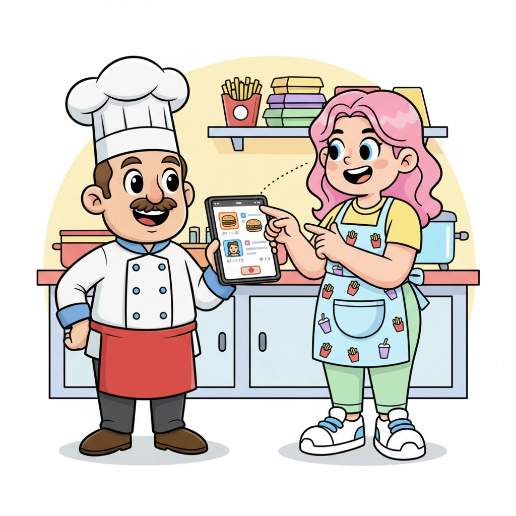 Pipo mostrou a Fred como o sistema funcionava. Cada pedido era inserido com um toque no botão correspondente ao item e ao cliente. A tela mostrava claramente quem pediu o quê e quando. Era como mágica, mas com muita lógica e organização!