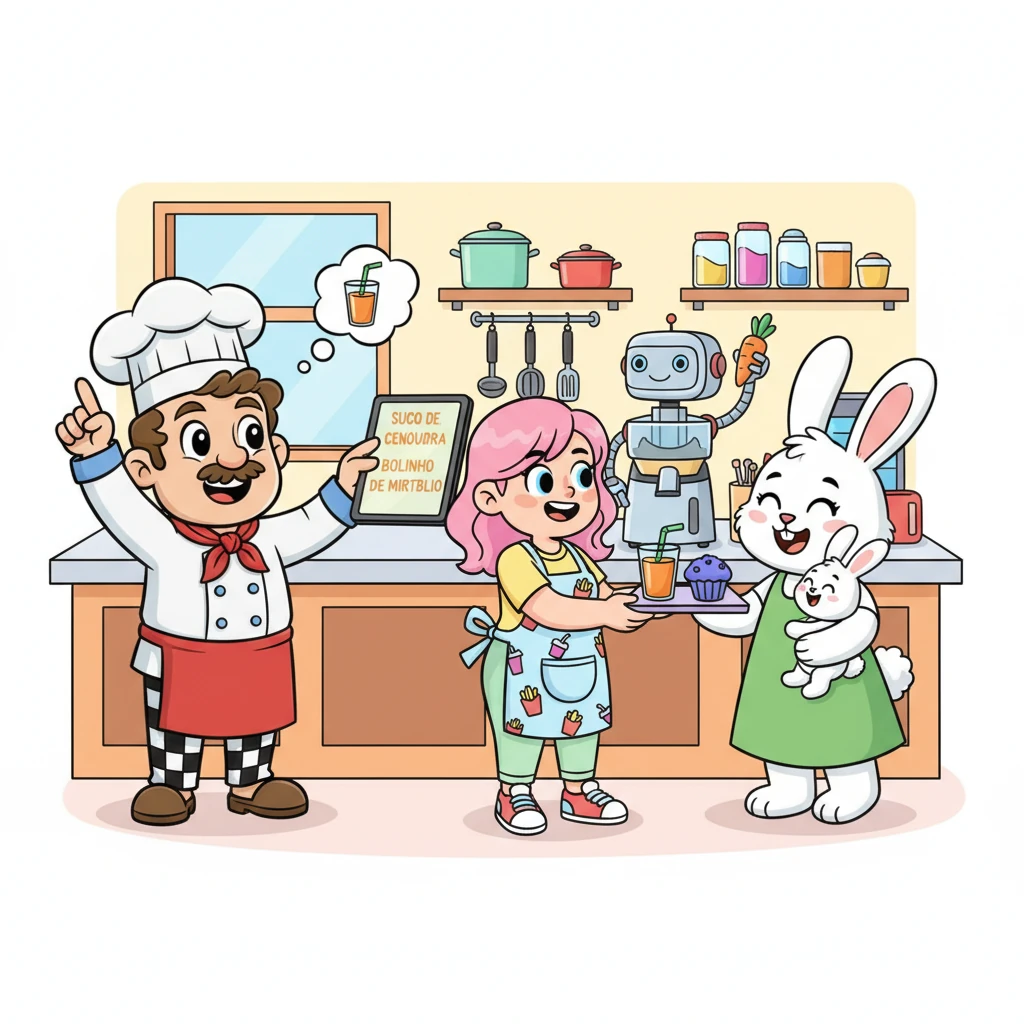 O primeiro pedido com o Super Sistema foi um sucesso! Uma Mamãe Coelha pediu um suco de cenoura e um bolinho de mirtilo. Fred digitou no aparelho, e em segundos, a ordem apareceu na cozinha, perfeita e sem erros. Mamãe Coelha recebeu seu pedido rapidinho e deu um grande sorriso.