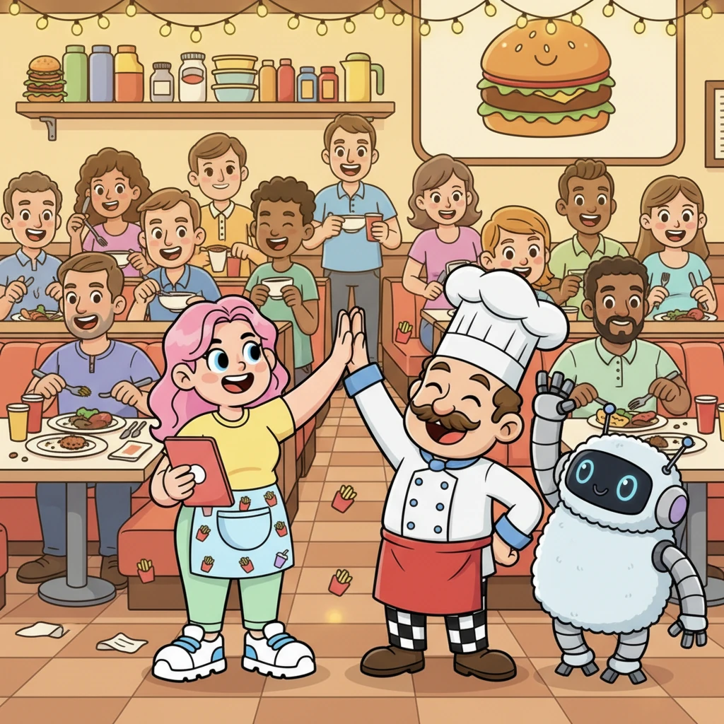 Ao final do dia, a lanchonete estava cheia de clientes felizes e satisfeitos. Fred e Pipo se entreolharam e deram um "high-five" robótico e peludo. A Lanchonete do Fred nunca esteve tão movimentada e organizada!