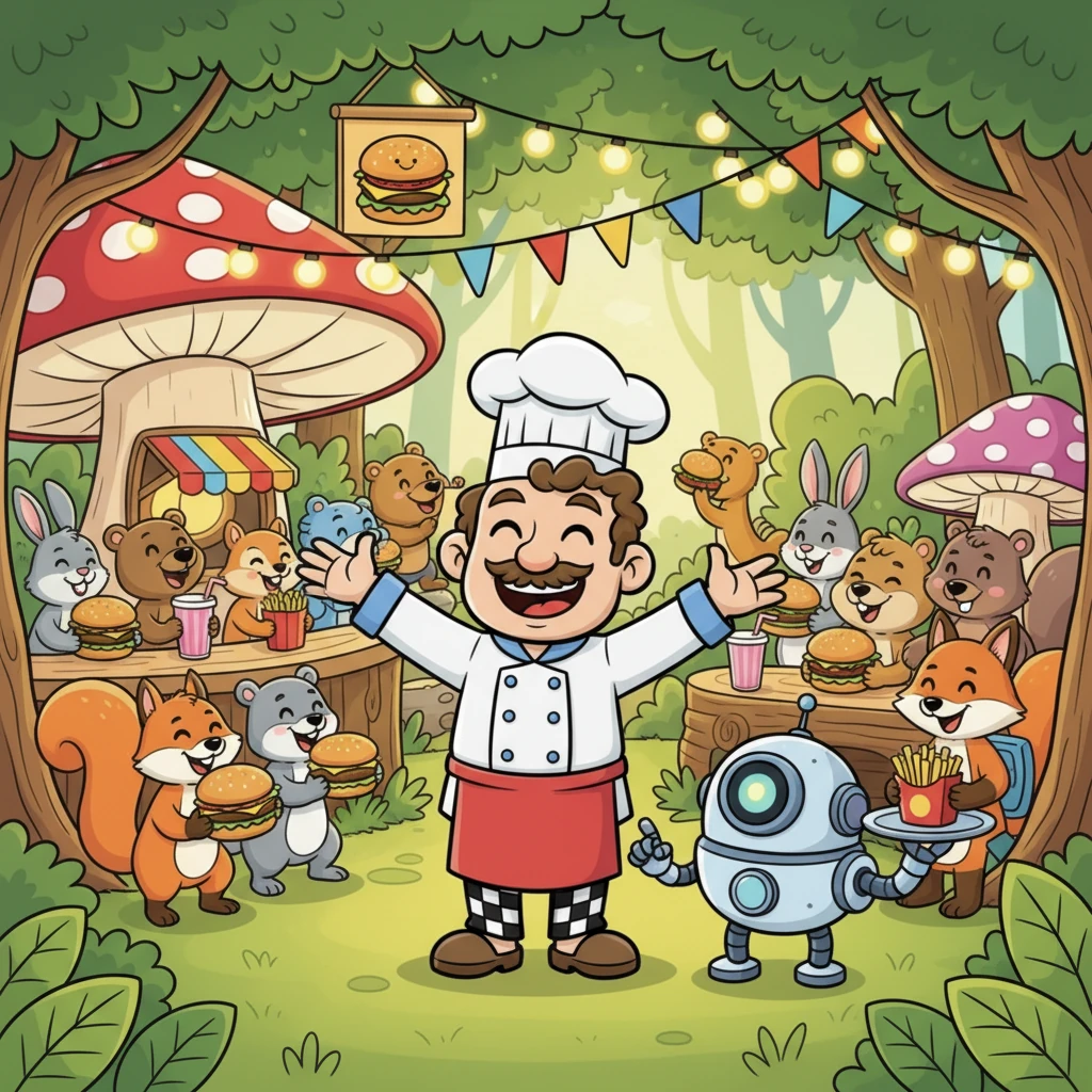 Graças à inteligência e amizade de Pipo, a Lanchonete do Fred se tornou a mais popular e eficiente da floresta. Fred estava radiante, e Pipo, o Robô, estava feliz por ter ajudado seu amigo. Eles provaram que com um pouco de inovação e cooperação, tudo fica mais gostoso!