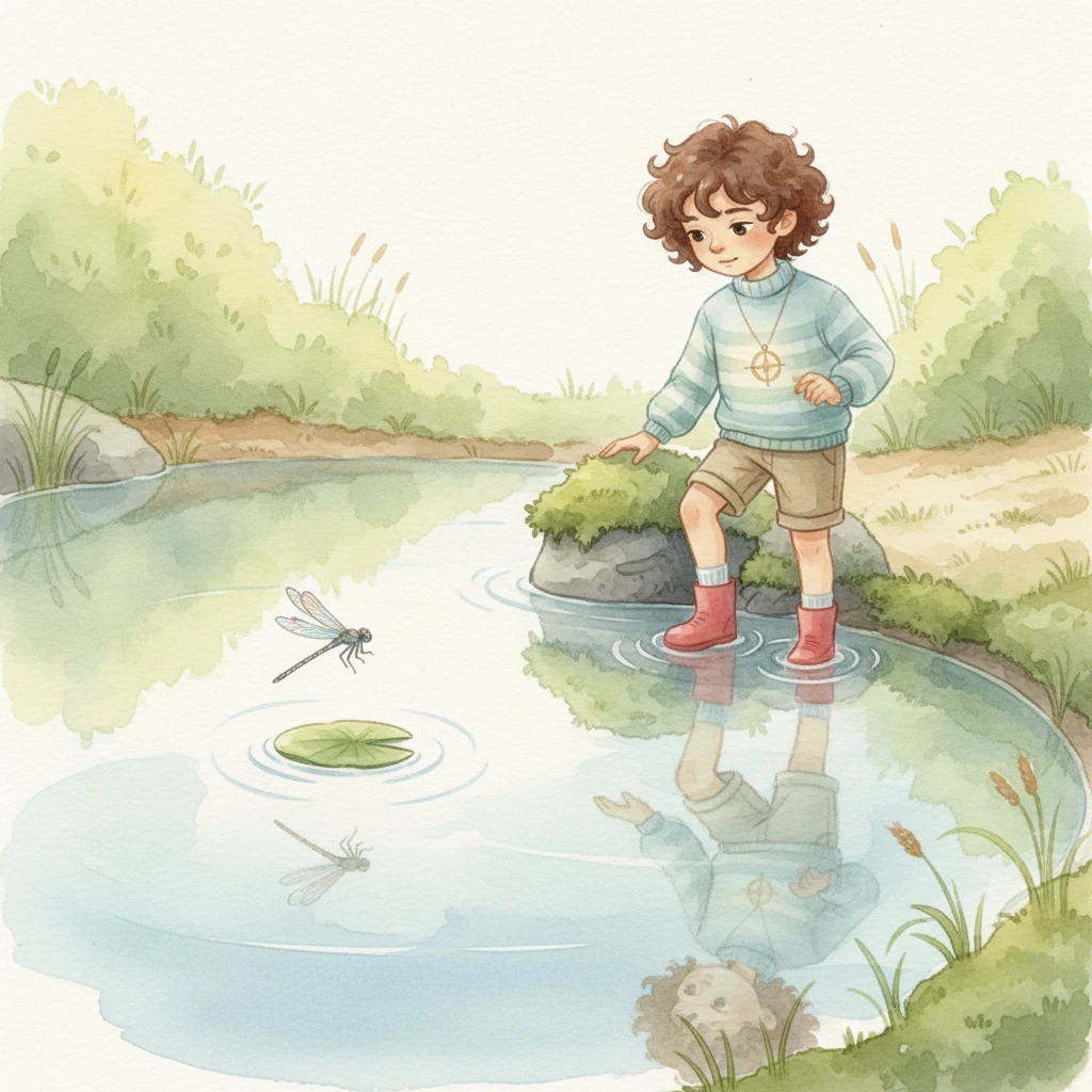 She paused by a crystal-clear pond, its surface reflecting the sky like a liquid mirror. A tiny lily pad floated serenely, and Lumi watched a dragonfly dance above it. In this quiet moment, a soft, warm feeling began to bloom deep inside her.