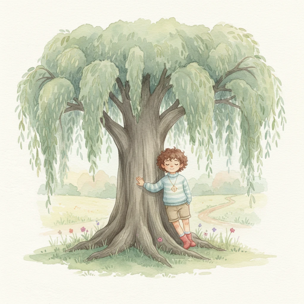 Further along, Lumi discovered a magnificent, ancient willow, its branches sweeping the ground like a comforting embrace. She leaned against its smooth bark, feeling an unexpected sense of peace wash over her. It was as if the tree whispered secrets of timeless wisdom.