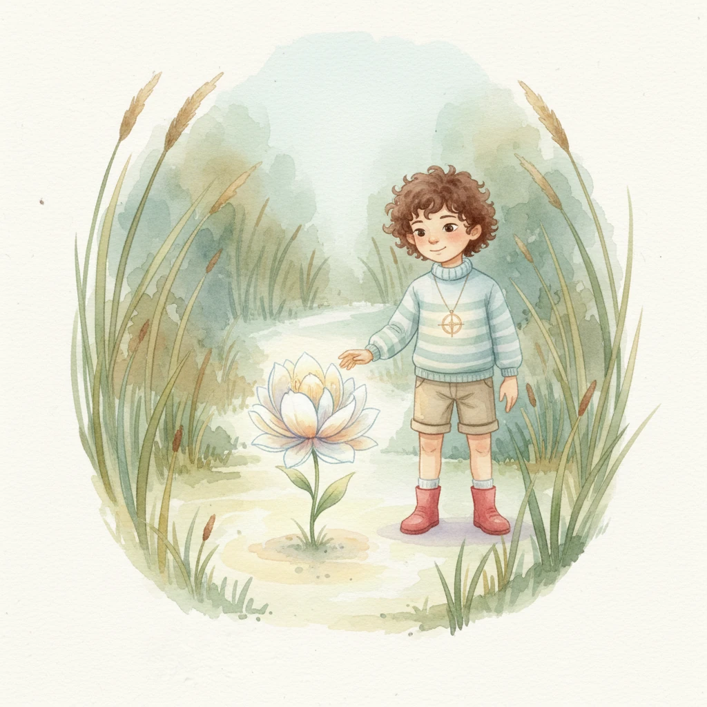 The glowing path brought Lumi to a secluded clearing, hidden away amongst tall, whispering reeds. A single, luminous flower bloomed in the center, casting a soft, ethereal light. This place felt profoundly peaceful, a sanctuary for her spirit.
