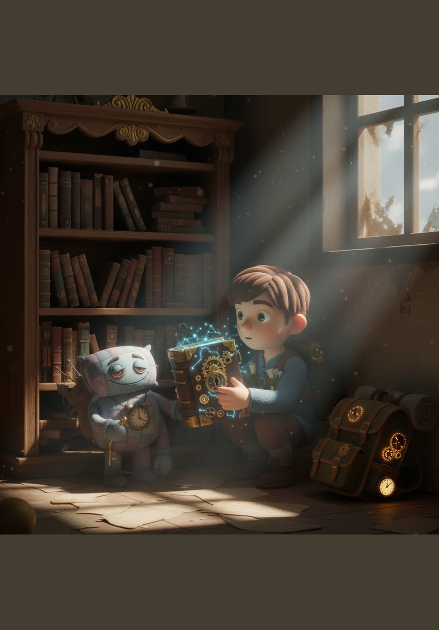 Leo finds a glowing, mechanical book hidden behind a stack of gears and dusty journals in his attic. The book hums with a strange energy, its brass lock clicking open as if recognizing his curiosity and need for a better way to learn.