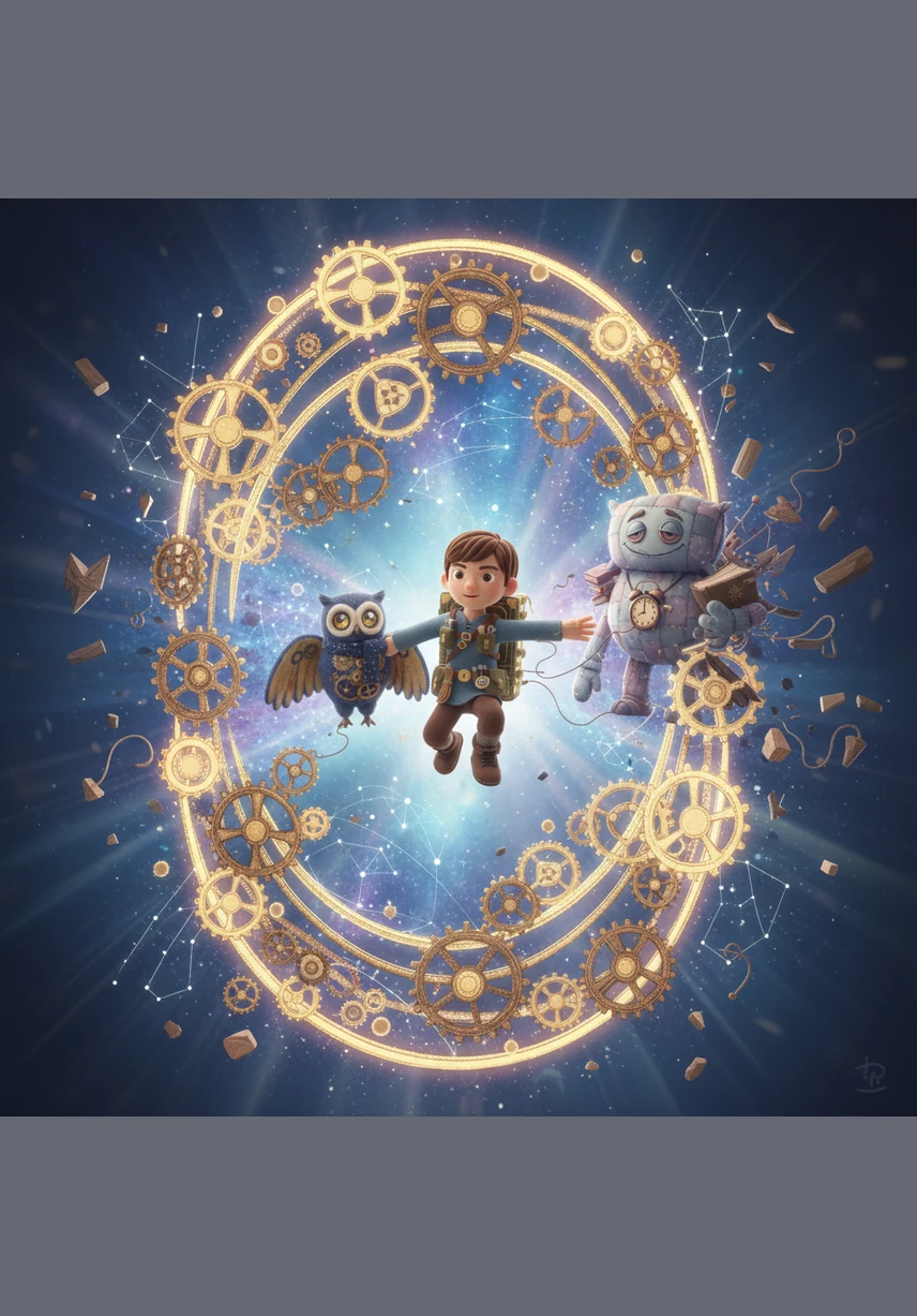 A portal of swirling cogs and light pulls Leo into the Labyrinth of Fog, a world where gray mist tries to steal his thoughts. He realizes that to navigate this mechanical wasteland, he must keep his eyes fixed on a single, glowing objective and ignore the distractions.