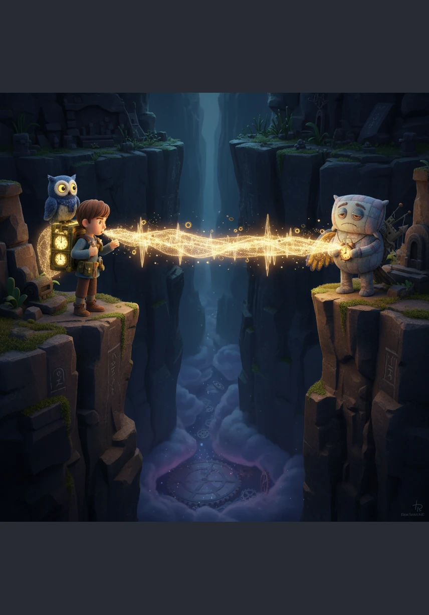 In the Echoing Canyon, Leo must recite his lessons to the stone walls to create a bridge of solid sound over a deep abyss. This trial of Active Recall proves that testing his own memory makes his knowledge strong enough to carry his weight.