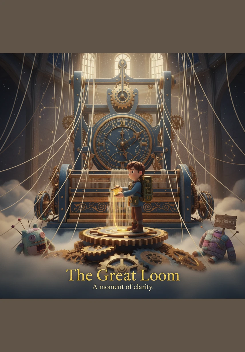 Leo reaches the Great Loom, where he weaves threads of glowing energy between floating copper plates to map out complex ideas. By connecting different concepts into a visual Mind Map, he turns a chaotic mess of information into a sturdy path forward.