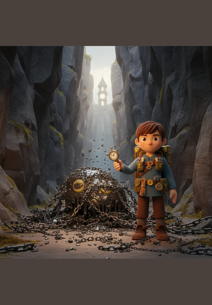 The Beast of Procrastination, a massive creature made of heavy, tangled chains and sludge, blocks the narrow mountain pass. Leo defeats the monster not with raw strength, but by breaking its heavy chains into tiny, manageable links that he can easily step over.