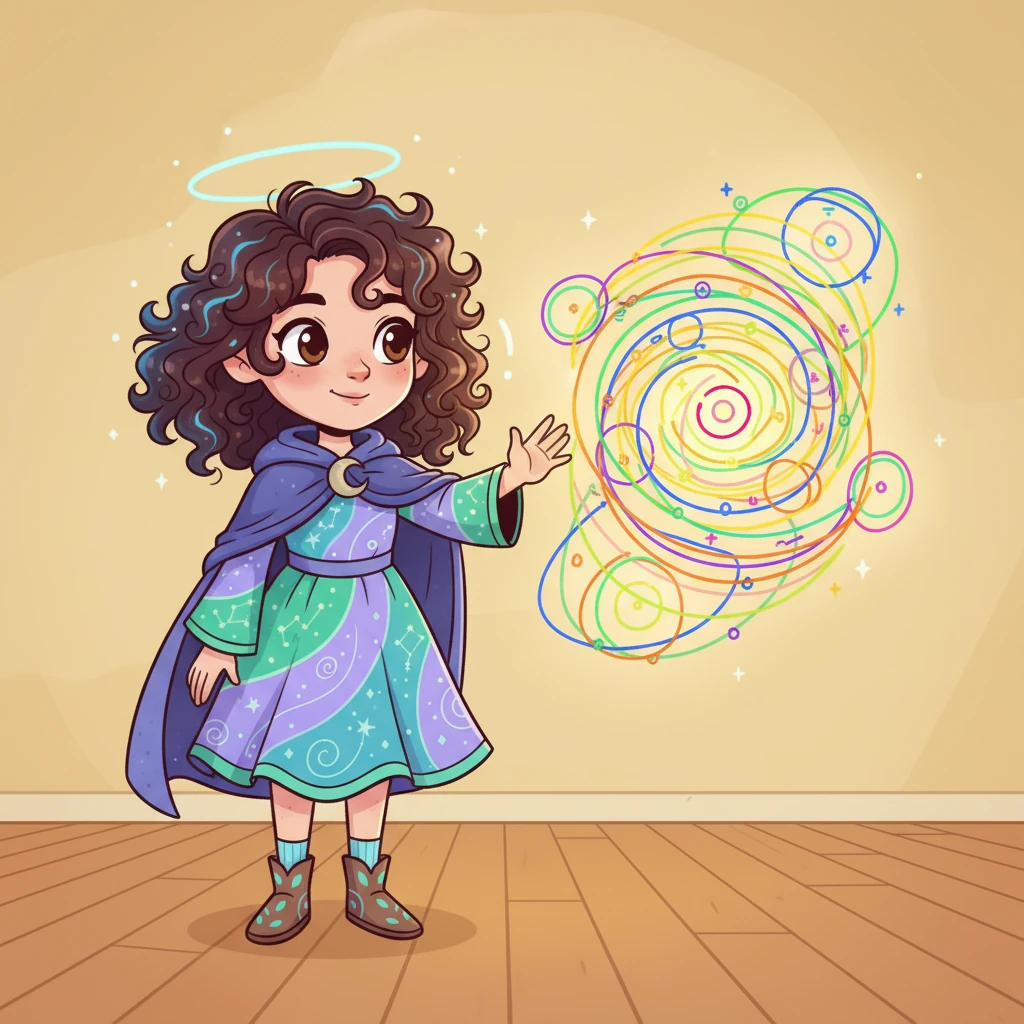 Aura, a bright-eyed girl with a curious spirit, stands before a swirling, colorful map of lines and shapes. It's her first time seeing the Human Design chart, and she's eager to understand its mysteries. Her eyes sparkle with wonder at the intricate patterns.
