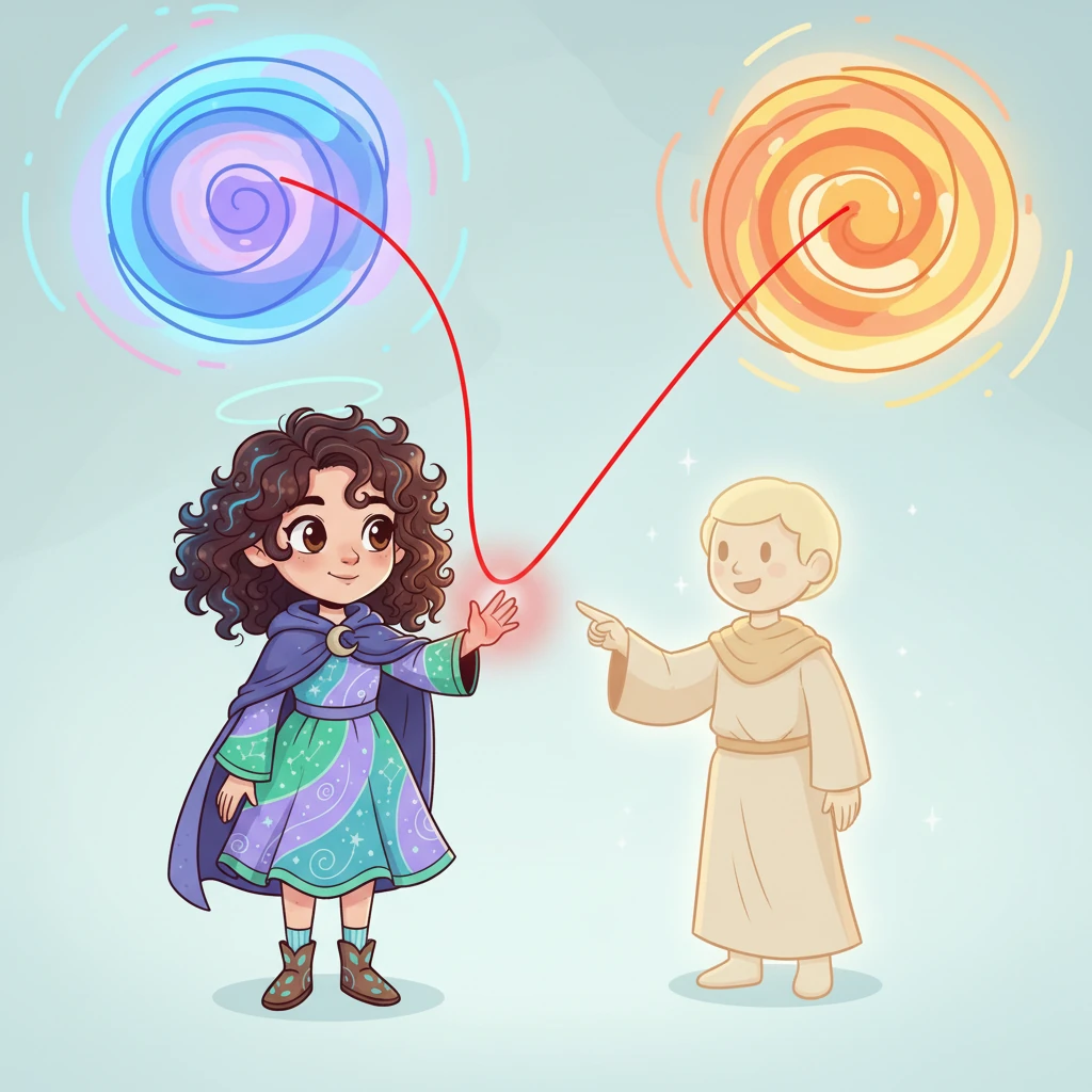 A friendly, glowing figure, the Channel Guide, appears beside Aura, gently pointing to a vibrant red line connecting two energy centers. This is the first channel, representing a powerful flow of energy and communication.