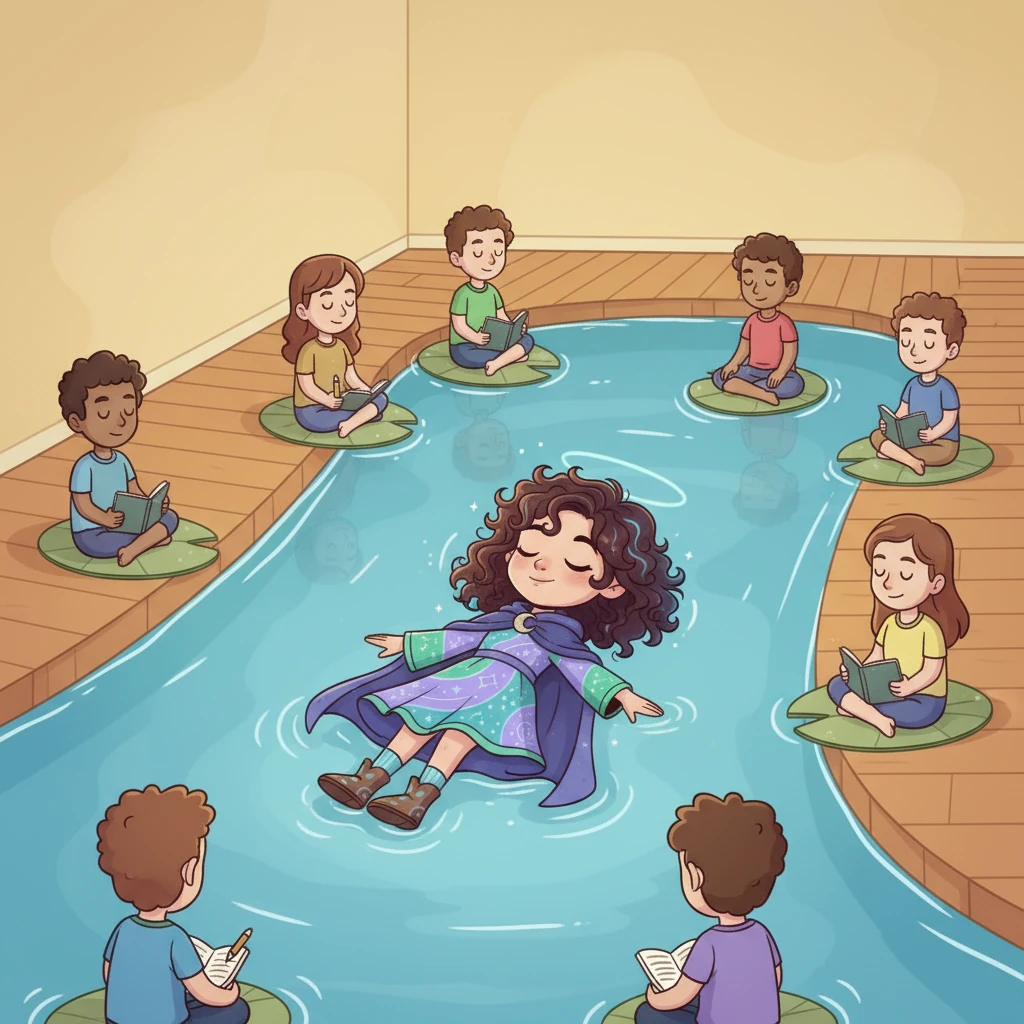 Next, the Guide leads Aura to a serene blue channel, quiet and deep. Here, she observes people absorbed in thoughtful contemplation, meditating, and journaling. Aura feels a sense of calm and inner peace wash over her.