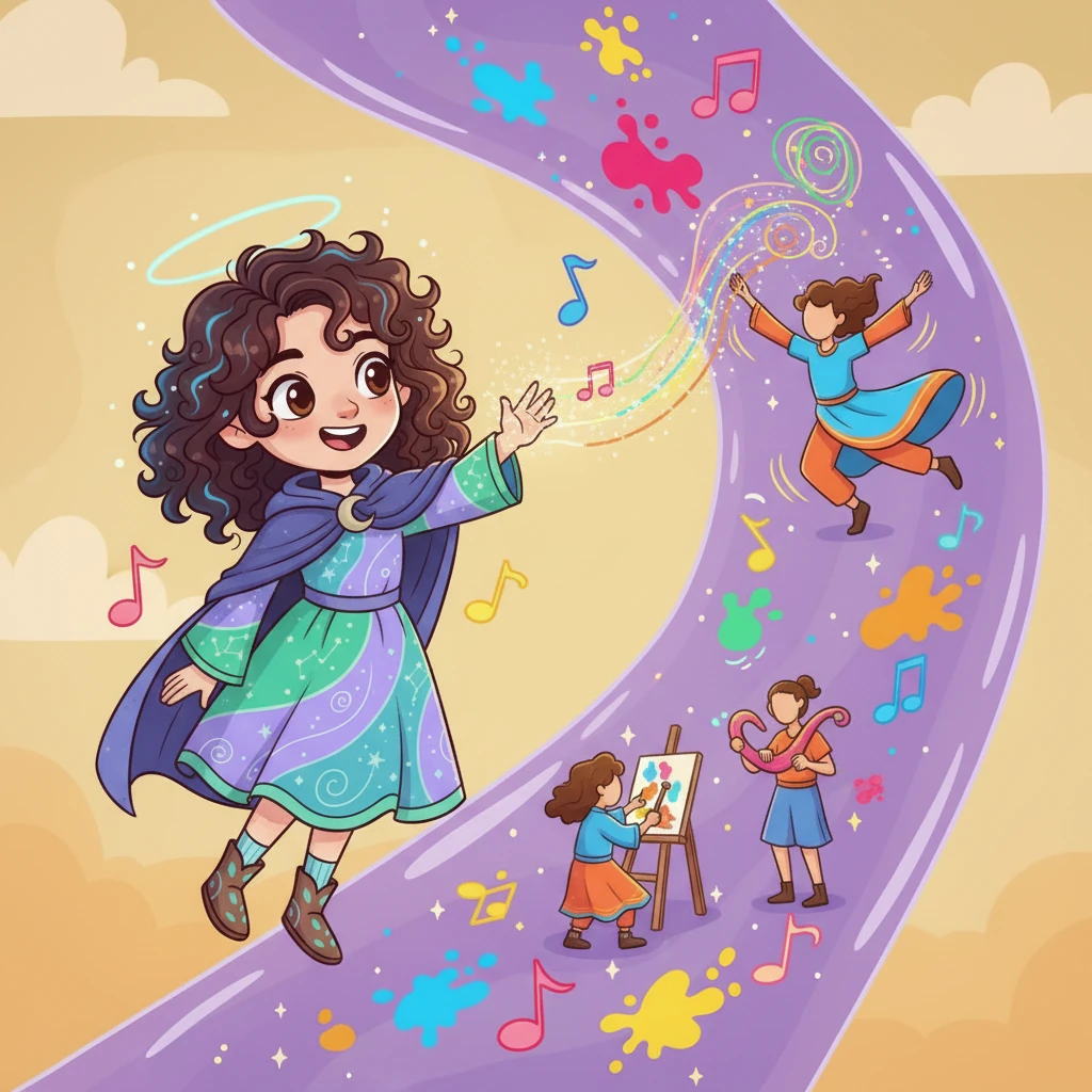 On a sparkling purple channel, Aura sees individuals expressing their unique talents through art, music, and dance. The air is filled with beautiful melodies and vibrant colors. She feels inspired by their self-expression.
